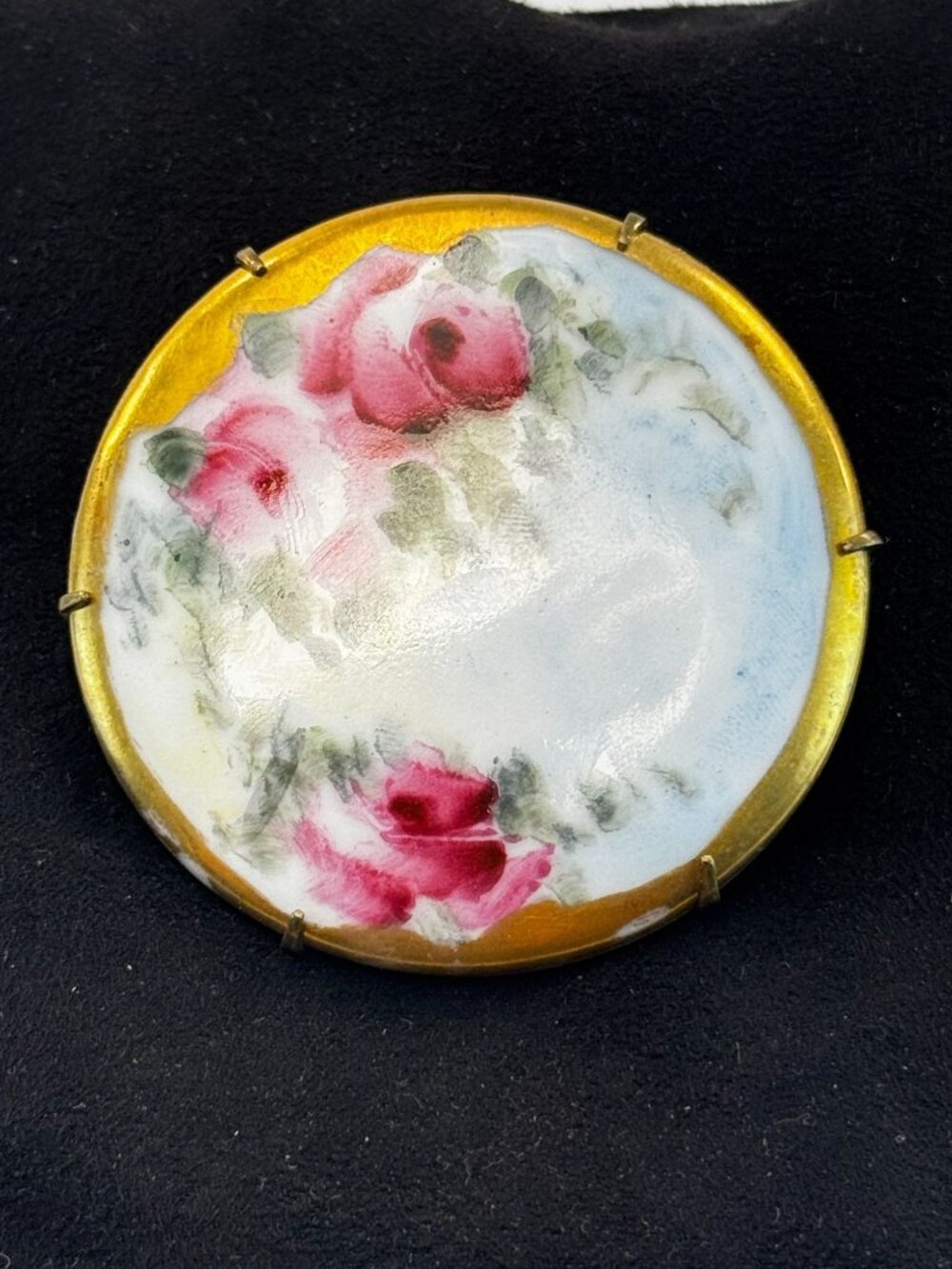 Antique Victorian Hand Painted Porcelain Rose Brooch Brass Floral C Clasp Pin